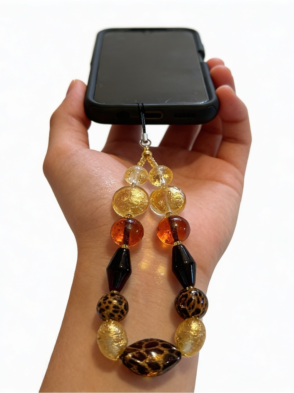 Amber Leopard Bead Phone Charm Wrist Strap Y2K Tortoiseshell Keychain